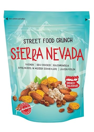 Street Food Crunch - Sierra Nevada Knabbermix sweet & smokey 5x150g - Knabbermischung mit BBQ Cracker, Rauchmandeln, Apfelwürfel in weißer Schokolade – Snack-Mix american style rauchige Snackmischung von Clasen Bio