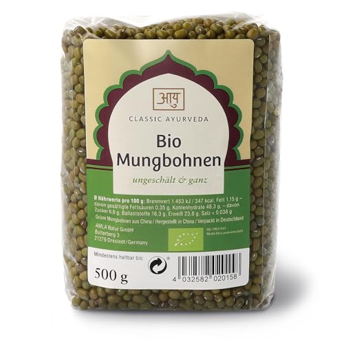 Classic Ayurveda - Bio Mungbohnen (ungeschält & ganz) - 500 g - Leicht bekömmliche grüne Hülsenfrucht mit süßlichem Aroma von Classic Ayurveda