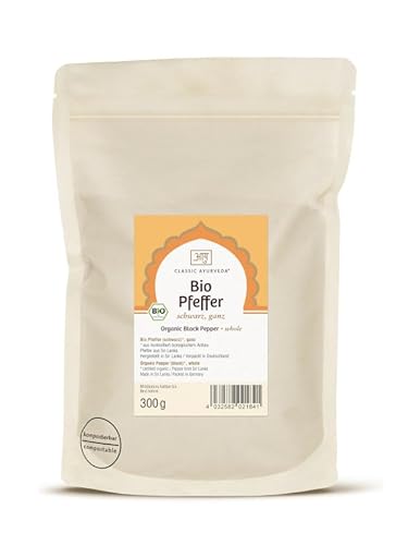 Classic Ayurveda - Bio Pfeffer schwarz ganz - 300 g - Authentischer Geschmack für aromatische Currymischungen und indische Rezepte von Classic Ayurveda