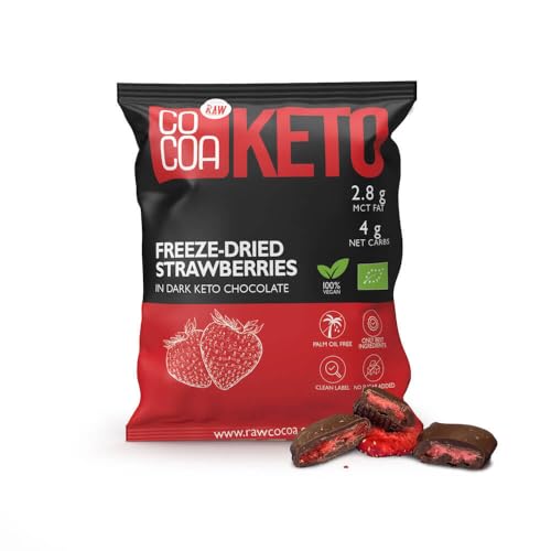 CO COA Erdbeeren in Schokolade Keto BIO 40g - Carb Low Snack mit MCT-Öl, Schokolade Keto, nur 4g Kohlenhydrate, Zuckerfrei mit Erythrit, Vegan, Ideal für ketogene und Low-Carb-Diäten von Co coa