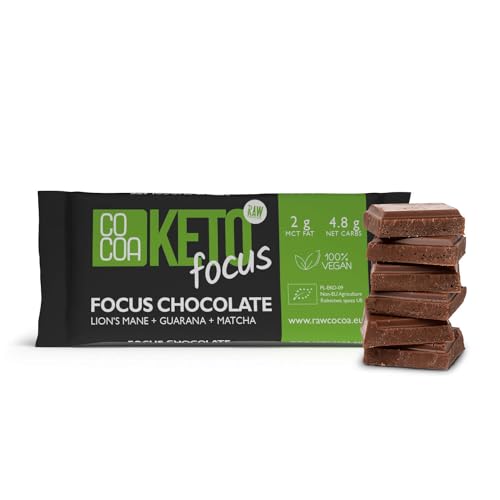 Keto Chocolate Focus BIO 40g, 0% Zuckerzusatz, Low Carb Snack mit MCT-Öl, Schokolade mit Löwenmähne, Matcha und Guarana, perfekt für kohlenhydratarme und ketogene Diäten von Co coa