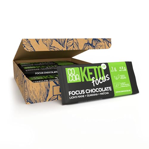 Keto Chocolate Focus BIO BOX12x40g (480g), 0% Zuckerzusatz, Low Carb Snack mit MCT-Öl, Schokolade mit Löwenmähne, Matcha und Guarana, perfekt für eine kohlenhydratarme und ketogene Ernährung von Co coa