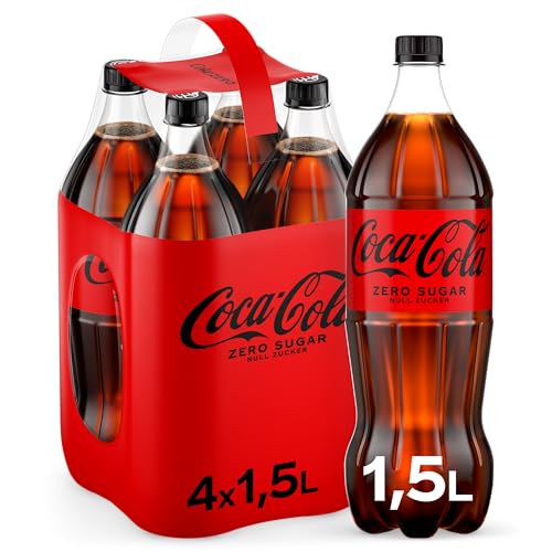 Coca-Cola Zero Sugar , Koffeinhaltiges Erfrischungsgetränk in stylischen Flaschen mit originalem Coca-Cola Geschmack - null Zucker und ohne Kalorien , 4 x 1,5 Liter Einweg Flasche von Coca-Cola