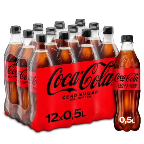 Coca-Cola Zero Sugar , Koffeinhaltiges Erfrischungsgetränk in stylischen Flaschen mit originalem Coca-Cola Geschmack - null Zucker und ohne Kalorien , 12 x 500 ml Einweg Flasche von Coca-Cola