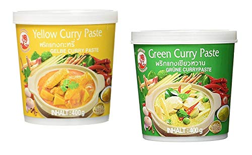 Cock Brand - Probierset Currypasten - 2er Pack (2 x 400g) - 2 Sorten, je 1 Dose Gelb, Grün Currypaste von Cock