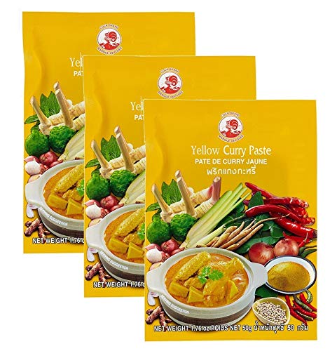 Cock Currypaste, gelb, milde Schärfe, authentisch thailändisch kochen, natürliche Zutaten, vegan, halal und glutenfrei (3 x 50 g) von Cock