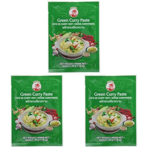 Cock Currypaste, grün, sehr scharf, authentisch thailändisch Kochen, natürliche Zutaten, vegan, halal und glutenfrei (1 x 50 g) (Packung mit 3) von Cock