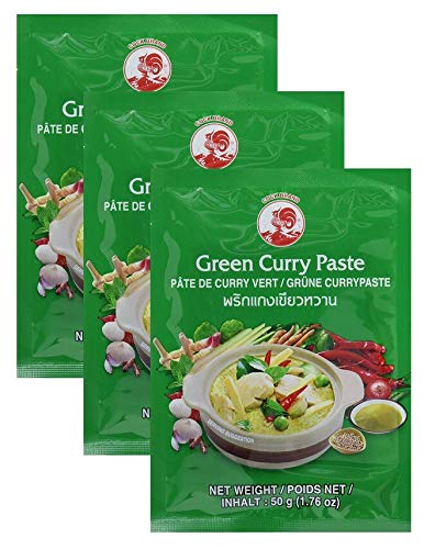 Cock Currypaste Grün, sehr scharf, authentisch thailändisch Kochen, natürliche Zutaten, vegan, halal und glutenfrei, (3x50g) von Cock