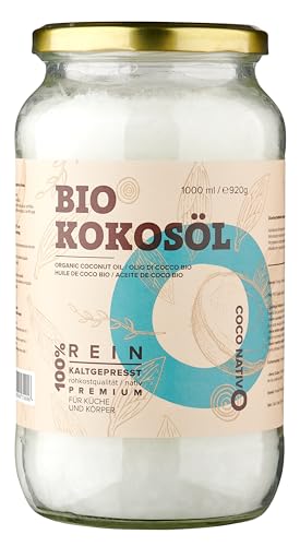 Bio Kokosöl CocoNativo - 1000mL (1L) - Bio Kokosfett, Kokosnussöl, Premium, Nativ, Kaltgepresst, Rohkostqualität, Rein (1000ml) - zum Kochen, Braten und Backen, für Haare und Haut von CocoNativo