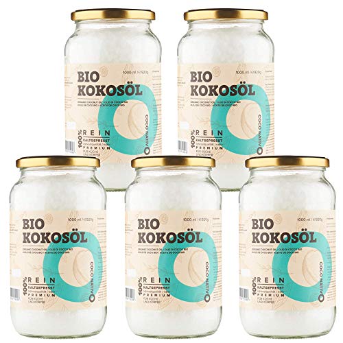 Bio Kokosöl CocoNativo - 5x1000mL (1L) - Bio Kokosfett, Kokosnussöl, Premium, Nativ, Kaltgepresst, Rohkostqualität, Rein (5000ml) - zum Kochen, Braten und Backen, für Haare und Haut von CocoNativo