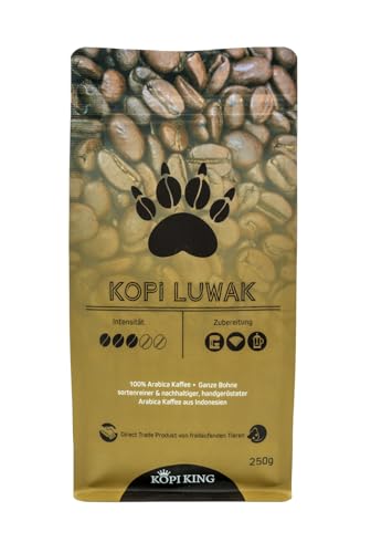 Kopi Luwak 100% Arabica Kaffee 250g (Katzenkaffee von frei lebenden Tieren) (250g Bohne) | Sortenrein | Raritätenkaffee | Direct Trade | Made In Germany von Coffee King