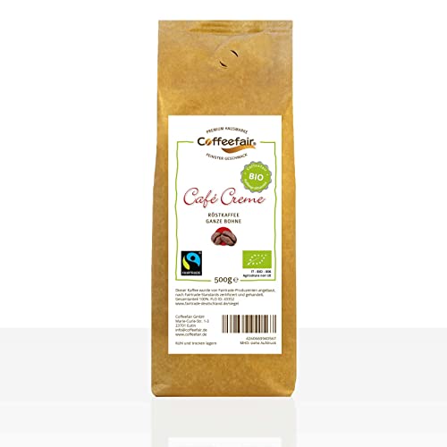 Coffeefair Cafe Creme Bio Fairtrade - 500g Kaffeebohnen Barista Qualität, nachhaltig & fair, schonende Trommelröstung, perfekte Mischung aus Arabica und Robusta, elegant vollmundig von Coffeefair