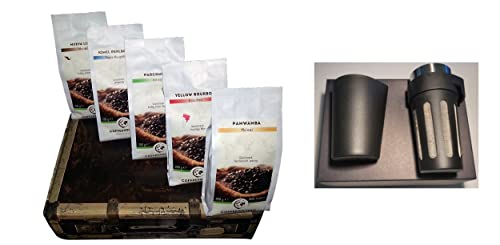 Weihnachtsedition Kaffee Geschenkset - Kaffeebohnen aus 5 Kontinenten - ganze Bohne 5x250g - nur zu Weihnachten mit kostenlosem Stelton Minibrüher von Coffeepolitan