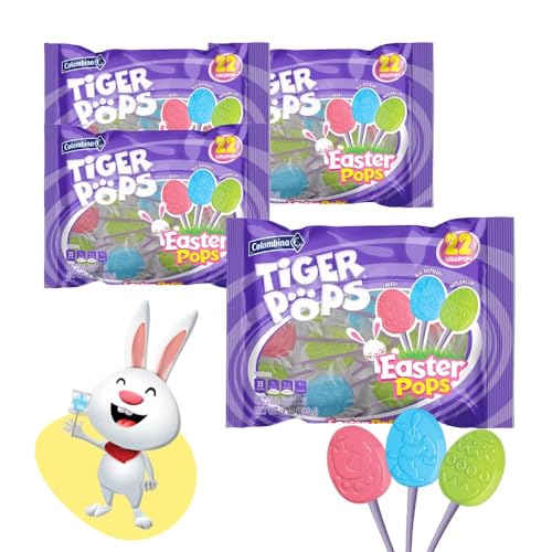 Tiger Pops Verschiedene Osterbonbons, 4er-Pack, einzeln verpackte Lutscher für Kinder, Osterkorb und Eierfüller, 3 Geschmacksrichtungen: Kirsche, blaue Himbeere, Wassermelone, 22 Stück pro Packung von Colombina