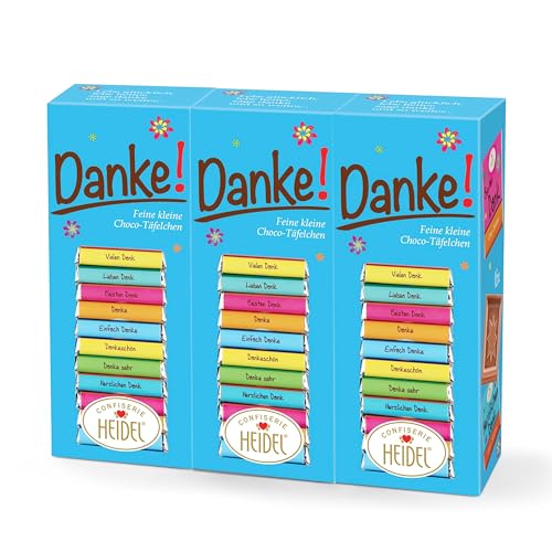 Heidel Danke Vollmilchschokolade Täfelchen 3x80g, pro Packung 16 Stück Mini-Tafeln à 5g, Vielfältige Danksagungen, Exquisite Geschenkidee von Confiserie Heidel