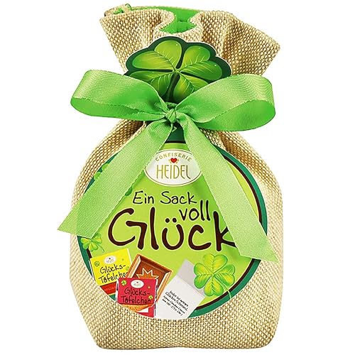 Heidel Ein Sack voll Glück (75g) - Jute-Säckchen mit 13 Minischokoladen & 8 Schokopralinen – Liebevoll verpackt – Süßes Mitbringsel als dankeschön – Mit Glücksbotschaften & Edel-vollmilchschokolade von Confiserie Heidel