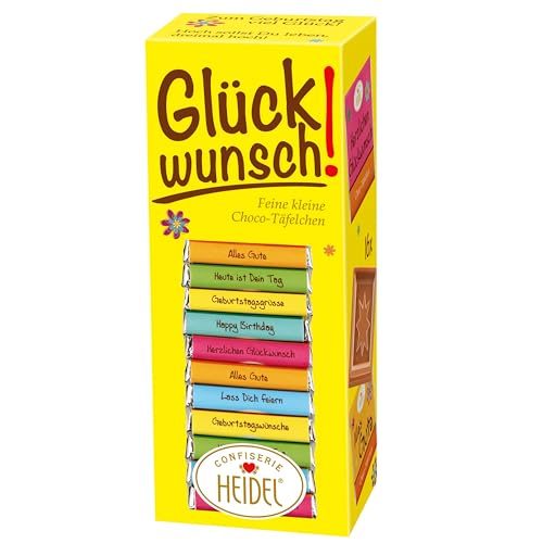 Heidel Glückwunsch! - 16 köstliche Mini-Tafeln (80g) - Aus 37% Edel-Vollmilchschokolade - Einzeln verpackt - Mit Glückwünschen & Glücksbotschaften – Perfektes Schoko Mitbringsel zum Teilen von Confiserie Heidel