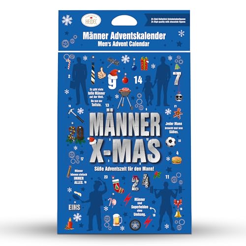 Heidel "Männer X-MAS" Adventskalender, 75g Weihnachtsschokolade mit 24 Edel-Vollmich Schokoladenfiguren - Mini Schokolade als Weihnachts Süßigkeit von Confiserie Heidel