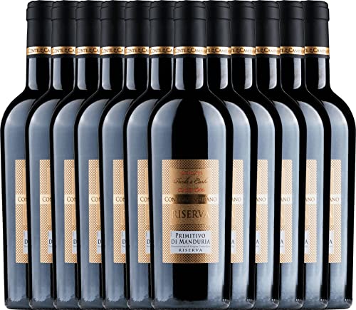 VINELLO 12er Weinpaket Primitivo - Primitivo di Manduria Riserva 2017 - Conte di Campiano mit einem VINELLO.weinausgießer | halbtrockener Rotwein | italienischer Wein aus Apulien | 12 x 0,75 Liter von Conte di Campiano