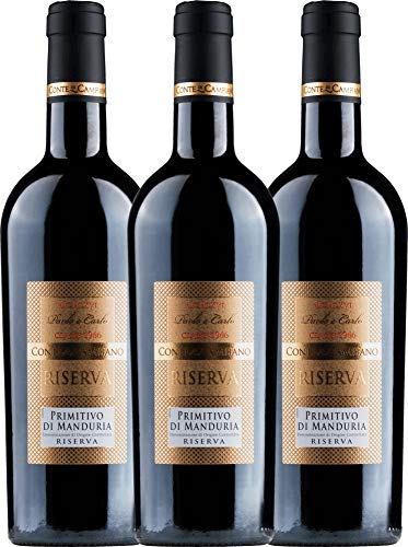 VINELLO 3er Weinpaket Primitivo - Primitivo di Manduria Riserva - Conte di Campiano mit VINELLO.weinausgießer | 3 x 0,75 Liter von Conte di Campiano