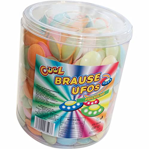 COOL Brause Ufos, 300 prickelnde Brause Ufos, kunterbunt aus Esspapier, kultige Retro-Süßigkeit für Kindergeburtstage, Frischhaltedose wiederverschließbar (1 x 381 g) von Cool