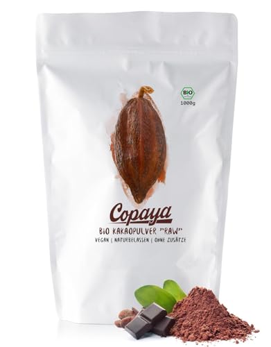 Copaya Kakaopulver BIO 1Kg, Natürlicher Rohkakao Pulver, 11% Fett, Stark Entölt, Low Cadmium, Kontrolliert biologischer Anbau RAW Kakao, Unbehandelt, echter Kakaogenuss von Copaya