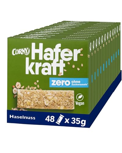 Haferriegel Corny Haferkraft Zero Haselnuss, ohne Zuckerzusatz, 125 kcal pro Riegel, vegan, 48x35g von Corny