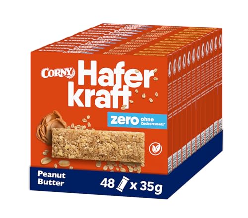 Haferriegel Corny Haferkraft Zero Peanut Butter, ohne Zuckerzusatz, 134 kcal pro Riegel, vegan, 48x35g von Corny