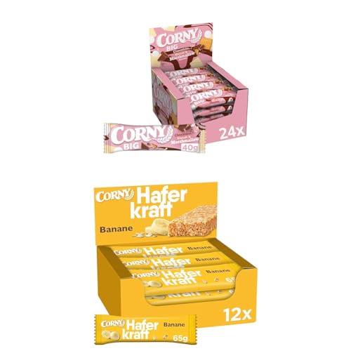 Müsliriegel Corny BIG Chocolate, Biscuit & Marshmallows 24x40g + Haferriegel Corny Haferkraft Banane, Vollkorn & Vegan, 12x65g - Probierpaket von Corny