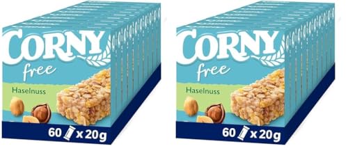 Müsliriegel Corny free Haselnuss, ohne Zuckerzusatz, 71 kcal pro Riegel, 60x20g (Packung mit 2) von Corny