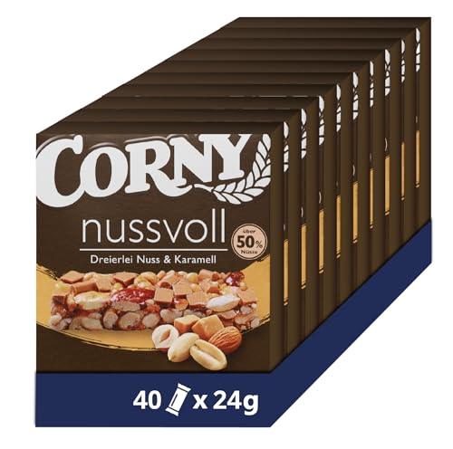 Nussriegel Corny Nussvoll Dreierlei Nuss und Karamell, mit Erdnuss, Mandel und Haselnuss, 40x24g von Corny