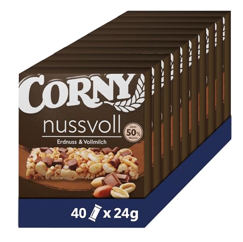 Nussriegel Corny Nussvoll Erdnuss und Vollmilch, mit Erdnüssen und Schokostücken, 40x24g von Corny