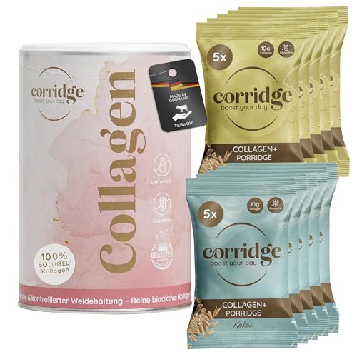 Corridge - Probierpaket High Protein Porridge & Collagen Pulver - Haferflocken mit Kokos & Bananengeschmack - Bioaktives Collagenpulver leicht löslich - Typ I & III Kollagen für Haut Haare & Gelenke von Corridge