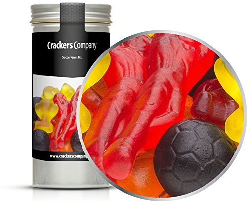 5 x 110g Fruchtgummi Fußball Fußballmischung mit Spieler Ball und Pokal rot schwarz gelb für WM und EM Partys glutenfrei laktosefrei von Crackerscompany