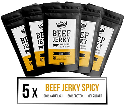 Craftsman Beef Jerky Spicy | Ohne Zucker | Aus Deutschland - Bayern | Set 5 x 50g = 250g | 100% Rind | High Protein 68% | Trockenfleisch Chili | Dörrfleisch 100% Natürlich | von CRAFTSMAN FINEST FOODS