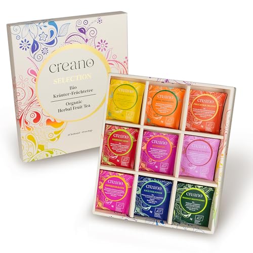 Creano Bio Früchtetee Kräutertee Geschenkset - 45 Bio-Teebeutel in 9 traumhaften Sorten - 90g* von Creano