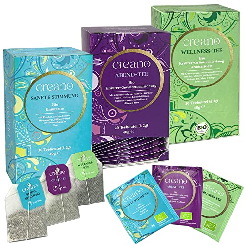 Creano Bio-Kräutertee Set „Calm down“, harmonisch und ausgewogen mit den Bio-Tee-Sorten Wellness-Tee, Sanfte Stimmung und Abend-Tee, 100% bio, 3 x 20 Teebeutel* von Creano