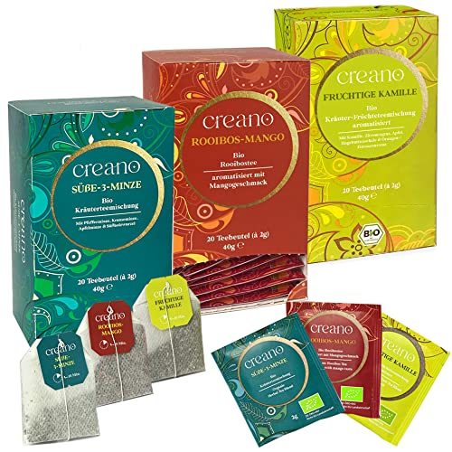 Creano Bio-Kräutertee Set „Herbal Mix“, fruchtig, frisch & süß mit den Bio-Tee-Sorten Fruchtige Kamille, Süße-3-Minze, Rooibos-Mango, 3 x 20 Teebeutel* von Creano