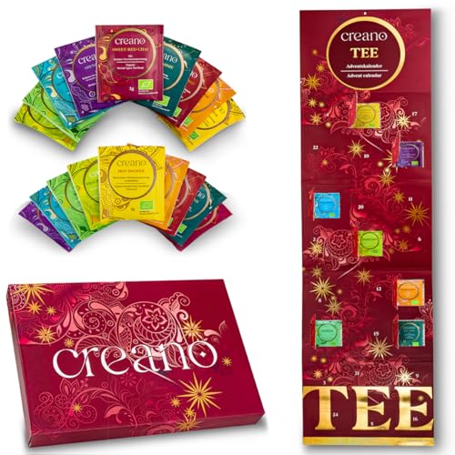 Creano Bio Tee Adventskalender - 24 Bio-Teebeutel - Kräutertee, Früchtetee, echte Tees Geschenkset mit hochwertigem Golddruck - Limited Edition* von Creano