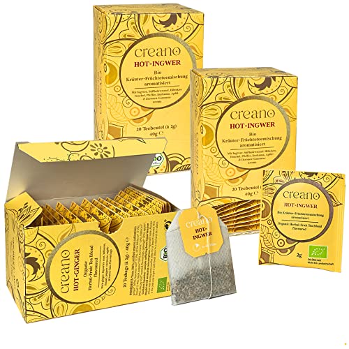 Creano Bio Tee HOT-INGWER, Kräuter-Früchteteemischung, BIO Teebeutel-Tee 3er Pack (3x 20 Beutel) von Creano