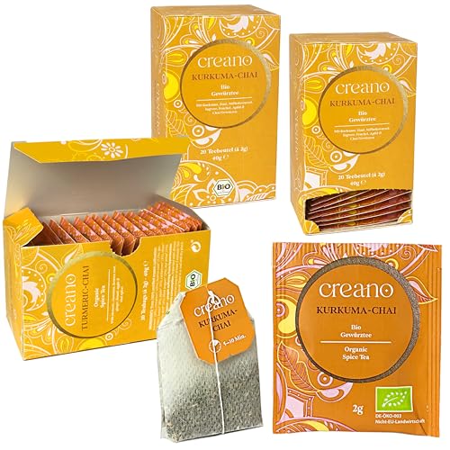 Creano Bio Tee KURKUMA-CHAI, Kräuter-Gewürzteemischung, BIO Teebeutel-Tee 3er Pack (3x 20 Beutel) von Creano