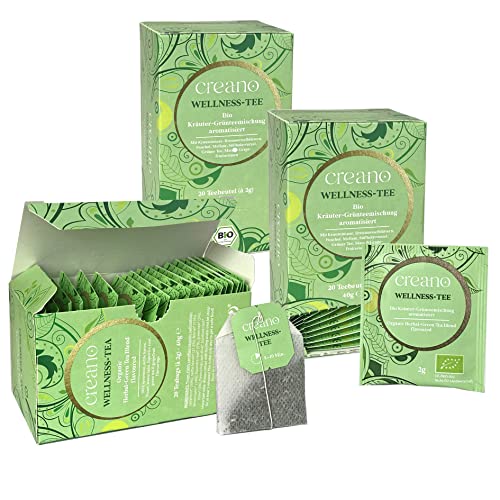 Creano Bio Tee WELLNESS-TEE, Kräuter-Grünteemischung, BIO Teebeutel-Tee 3er Pack (3x 20 Beutel) von Creano