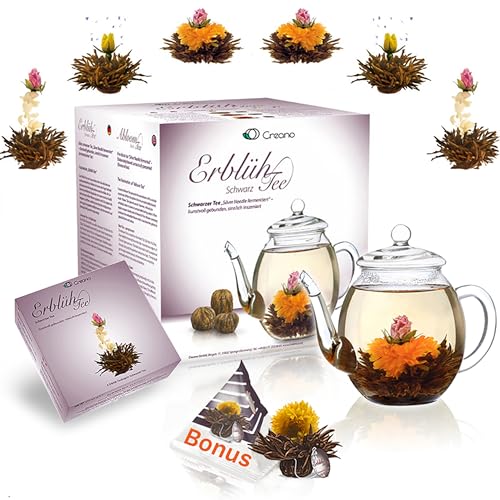 Creano Teeblumen Geschenkset - Erblühtee mit 500ml Glaskanne & 6x Schwarzer Tee + Teelini Schwarztee Bonuskugel - 8 teilig von Creano