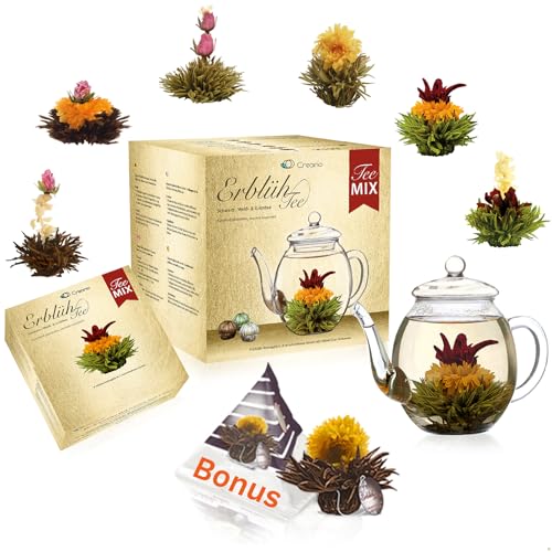 Creano Teeblumen Geschenkset - Erblühtee mit 500ml Glaskanne & 6x weißer, schwarzer, grüner Tee + Teelini Schwarztee Bonuskugel - 8 teilig von Creano