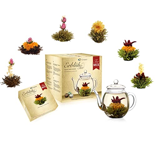 Creano Teeblumen Mix - goldenes Geschenkset Erblühtee mit Glas Teekanne weißer, grüner & schwarzer Tee in 6 Sorten Geschenk für Frauen 7 teilig von Creano