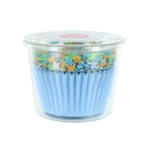 Create A Cake Blue Star Cupcake-Streusel-Set, blaue Backförmchen und Streusel, 25 Förmchen und 30 g Streusel, essbares Dekorationsset mit Zuckersternen und Kugeln von Create A Cake