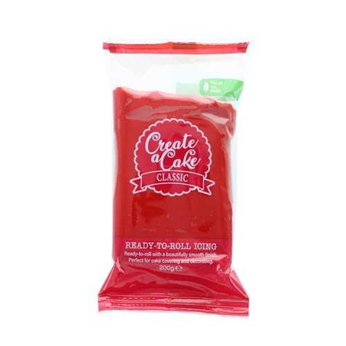 Create A Cake Fertig zum Ausrollen, rote Fondantglasur, palmenfreie Zuckerpaste zum Dekorieren von Kuchen, Cupcakes, Keksen, Kuchen, 200 g von Create A Cake