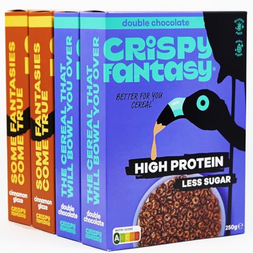 Crispy Fantasy Protein Cerealien, Duo, Glutenfrei, Vegan, Wenig Zucker, Ballaststoffreich, Pflanzlich, Gesundes Frühstück für Kinder, Erwachsene, 8 g Protein pro Portion, 4 Schachteln von Crispy Fantasy