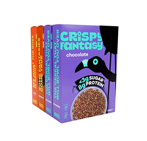 Crispy Fantasy Protein Cerealien, Limited Edition Variety Pack, Glutenfrei, Vegan, Wenig Zucker, Pflanzlich, Gesundes Frühstück für Kinder, Erwachsene, 20 g Protein, 4 Schachteln von Crispy Fantasy