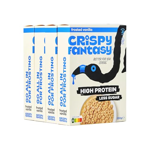 Crispy Fantasy Protein Cerealien, Vanille, Glutenfrei, Vegan, Wenig Zucker, Ballaststoffreich, Pflanzlich, Gesundes Frühstück für Kinder, Erwachsene, 8 g Protein pro Portion, 4 Schachteln von Crispy Fantasy